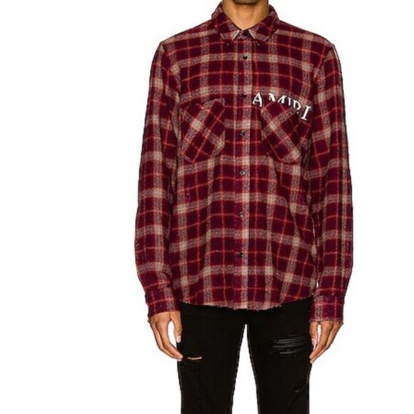 AMIRI Shirt Men Small Button Down Wool Flannel Cherub Plaid Burgundy Fall Logo - Picture 2 of 11
